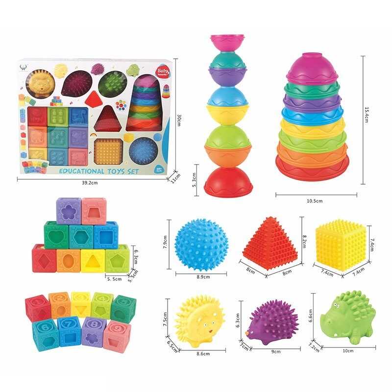 Сенсорні іграшки 628-164 (12/2) кубики, м’ячики, пірамідка та фігурки, в коробці