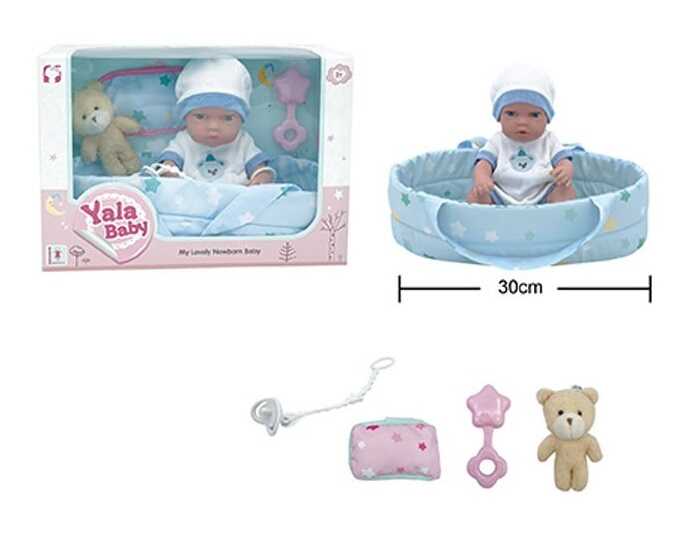 Пупс YL 2512 D-F (24) гумовий, висота 30 см, кокон з ручками, подушечка, брязкальце, пустушка, в коробці
