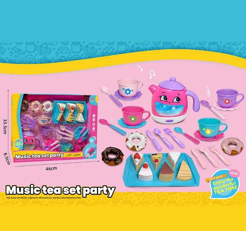 Набір посуду 3221 B (30) чайник, підсвічування, звуки, мелодії, датчики руху, на батарейках, посуд, солодощі, в коробці¶