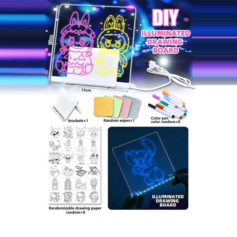 Дошка для малювання A 19 (120) підсвічування, 8 різнокольорових маркерів "пиши-витирай", трафарети, гумка, USB-кабель, працює від мережі,  в пакеті