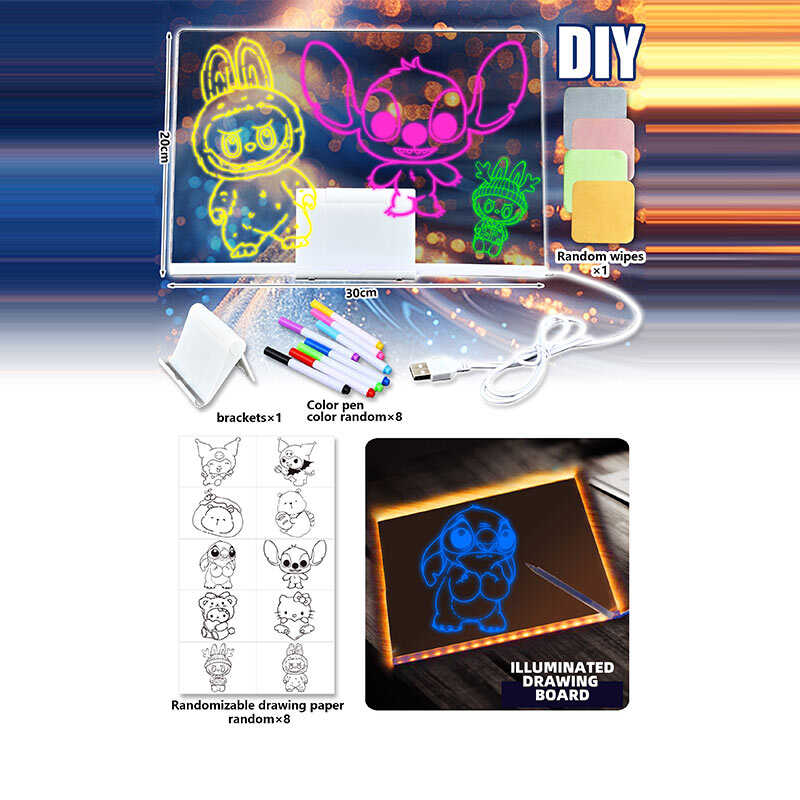Дошка для малювання A 21 (60) підсвічування, 8 різнокольорових маркерів "пиши-витирай", трафарети, гумка, USB-кабель, працює від мережі,  в пакеті