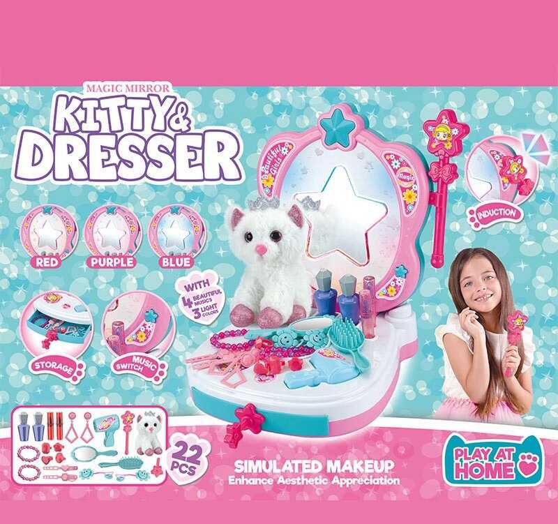 Трюмо 661-3001 (16) розмір: 27х24х32 см, звук, зміна підсвічування, муляж косметики, аксесуари, м’яка іграшка - котик, в коробці