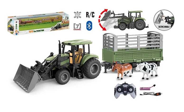 Трактор на радіокеруванні 1908-3 AT (15) причіп, рухомі елементи, акум. 3.7V, пульт, додаток, Bluetooth, автоматичне підіймання ковша, в коробці