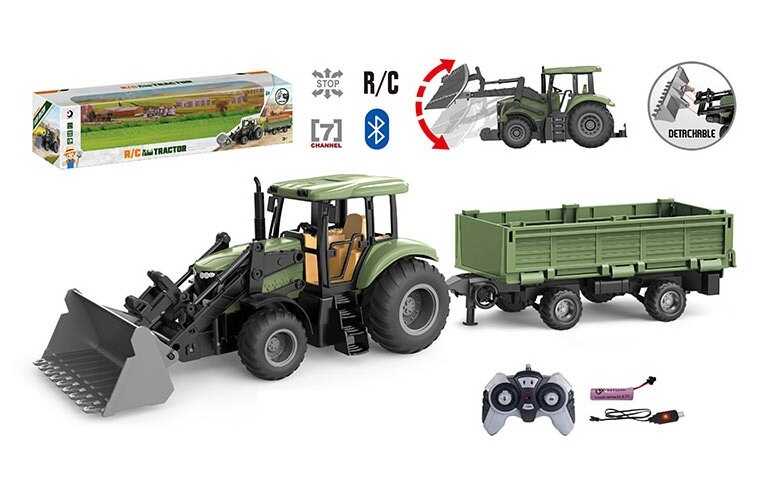 Трактор на радіокеруванні 1908-4 AT (15) причіп, рухомі елементи, акум. 3.7V, пульт, додаток, Bluetooth, автоматичне підіймання ковша, в коробці