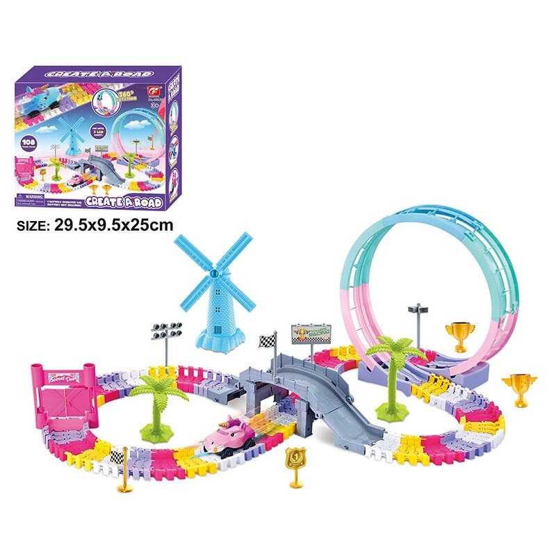 Трек CF 2422 (18) машинка на батарейках, підсвічування, 2 рівні, міст, ворота, в коробці