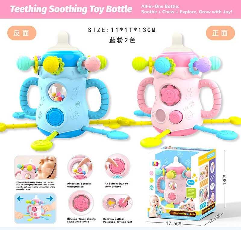 Розвивальна іграшка 021 B (60) 2 кольори, “Пляшечка”, пискавка, тріскачка, гумові мотузочки, прорізувачі, пальчикові ігри, в коробці