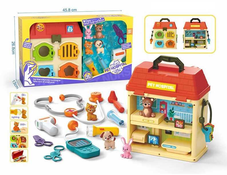 Ветеринарна клініка XG 6-2 (6) 18 елементів, висота двосторонньої клініки 26 см, підсвічування, звуки серцебиття та писку, ключі й замки, в коробці