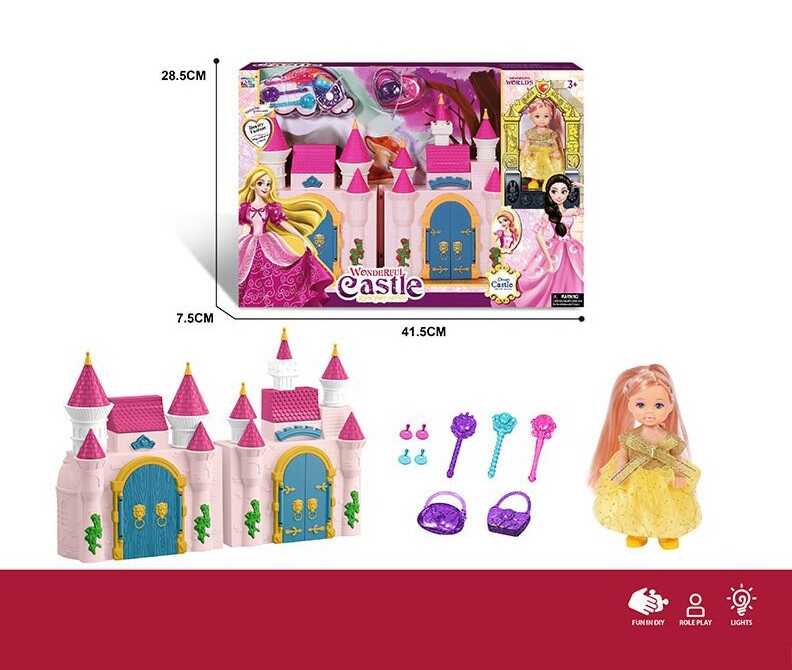 Замок з лялькою KDL 58 (36/2) висота ляльки: 10 см, шарнірні з`єднання, знімна сукня, аксесуари, р. замка: 30х18, мелодія, підсвічування, в коробці
