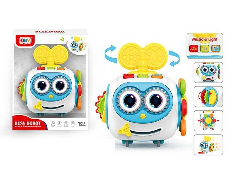 Музична іграшка O 18300 (72/2) звуки,підсвічування,регулювання гучності, на батарейках, тріскачка, рухомі елементи, гумові мотузочки,колеса, в коробці