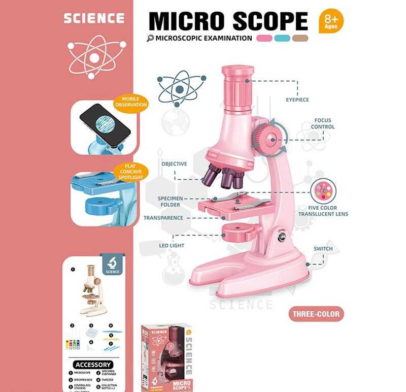 Мікроскоп 2501 A (72) 3 кольори, збільшення 100х, 600х та 1200х, інструменти, скельця, підсвічування, в коробці, ВИДАЄТЬСЯ ТІЛЬКИ МІКС ВИДІВ