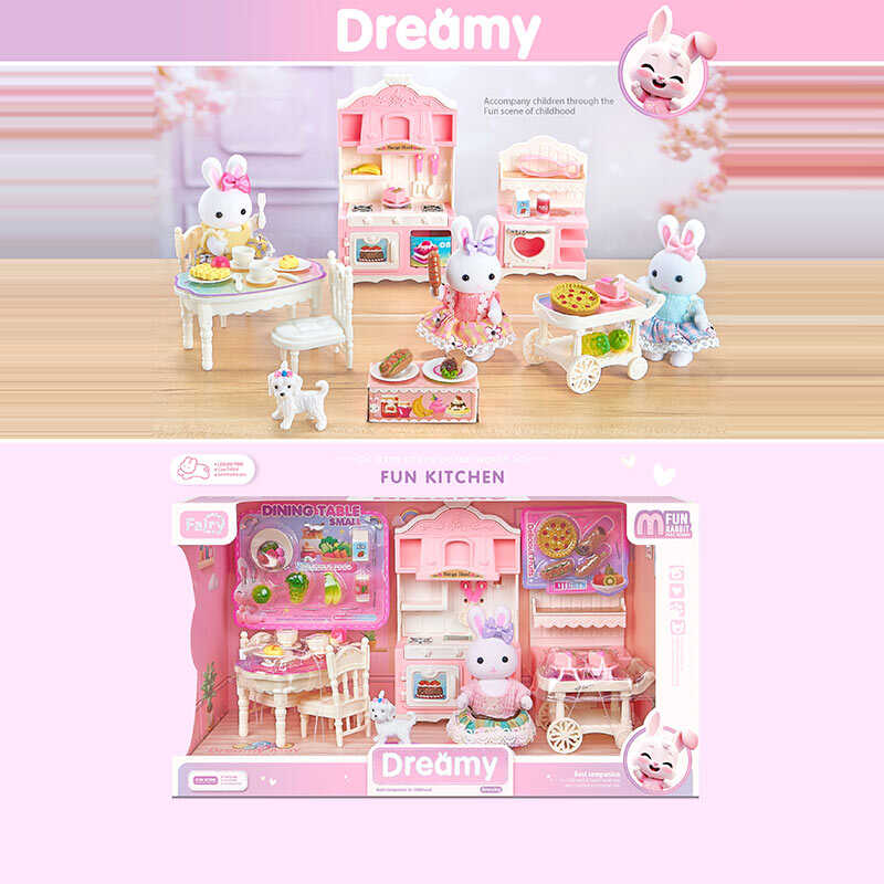 Набір меблів 6719 (24) кухня, 1 флоксова фігурка, песик, аксесуари, плита, кухонна шафа, стіл та стільчики, продукти, візочок, в коробці 