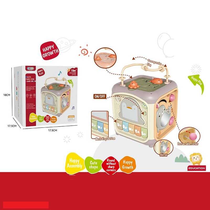 Куб логічний 368-54 H (24) підсвічування, звуки, люстерко, годинник, рухомі шестерні, сортер, пальчиковий лабіринт, тріскачка, піаніно, барабан, звуки