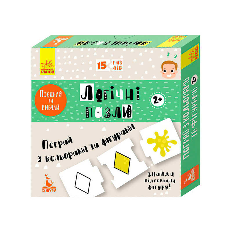 гр Логічні пазли "Пограй з кольорами та фігурами 2+" КН889003У (14) "Ранок", 15 двобічних карток-пазлів, в коробці