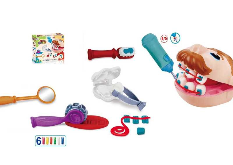 Тісто для ліплення 666-105 (48/2) “Дантист”, голова пацієнта, бормашина обертається, форма для виліплення зубів, стоматологічні інструменти, 8 брусків тіста, в коробці