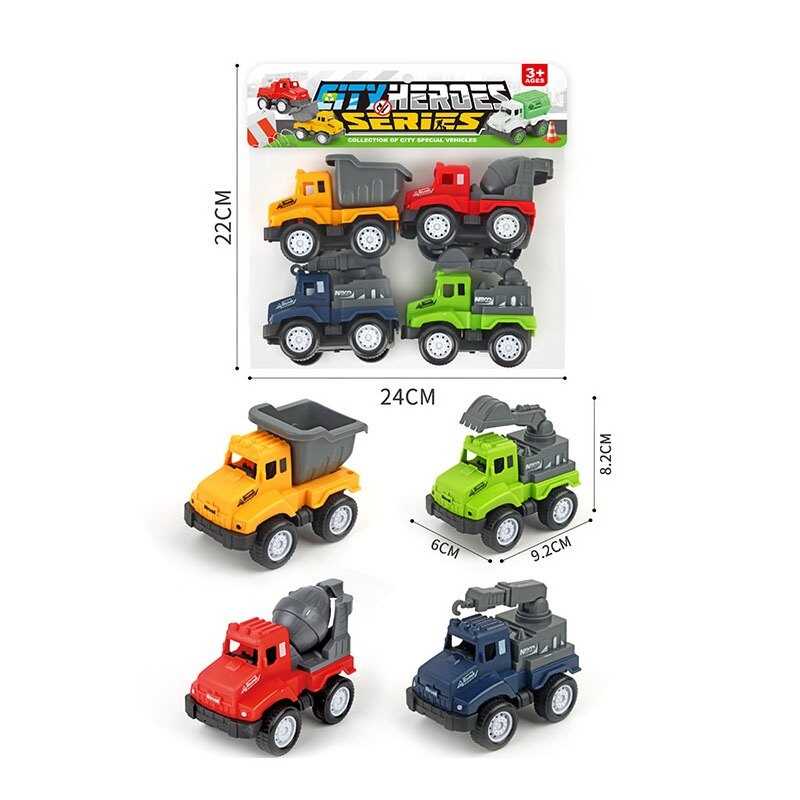 Набір машин C 400-4 (192/2)  “Спецтехніка”, 4 моделі, розмір: 9.2х6х8.2 см, інерція, рухомі елементи, в пакеті