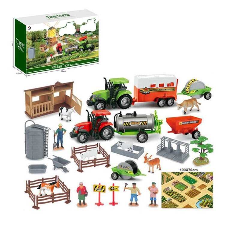 Ферма 1808-2 (16) 2 трактори з інерцією, гумові шини, розкладний хлів, 5 причепів, мапа з фермою 100х70 см, фігурки фермерів, тварин, в коробці