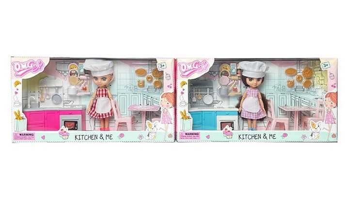 Лялька 58013 (48/2)  висота: 15 см, шарнірні з’єднання, знімний одяг і взуття, кухня, кухонне приладдя, продукти, меблі, в коробці, ВИДАЄТЬСЯ МІКС