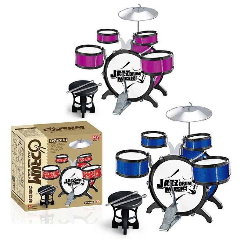 Барабанна установка 3888 (12) 2 кольори, 5 барабанів, діаметри: 28 см, 15 см, 11 см, тарілка, палички, педаль, стільчик, в коробці