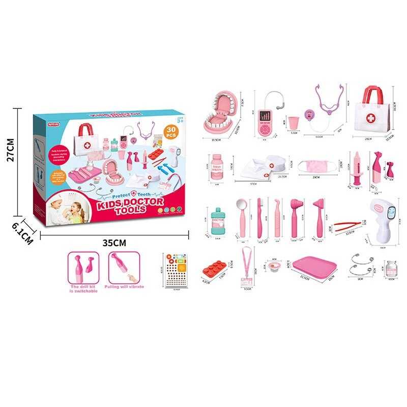 Набір лікаря A 83-4 (36/2) 30 елементів, бормашина з вібрацією, 2 щелепи, брекети, термометр, стетоскоп, пінцет, медична сумочка, в коробці