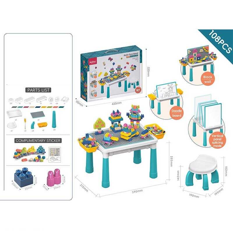 Столик з конструктором 10350 A-Q 03 B (18) 108 деталей,  р: 59х31.5х28.5 см, еластичні деталі, дошка, маркер “пиши-витирай”, в коробці