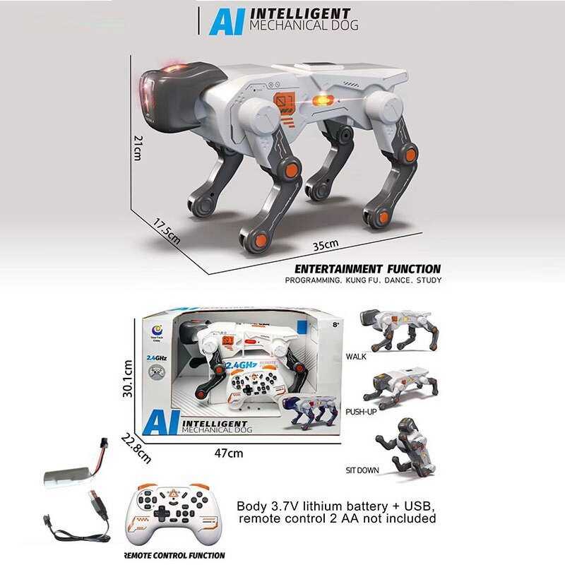 Пес на радіокеруванні 9514-02 (12) підсвічування, мелодії, танцює, відтискається від підлоги, “плаває”, програмування, акум. 3.7 V, в коробці