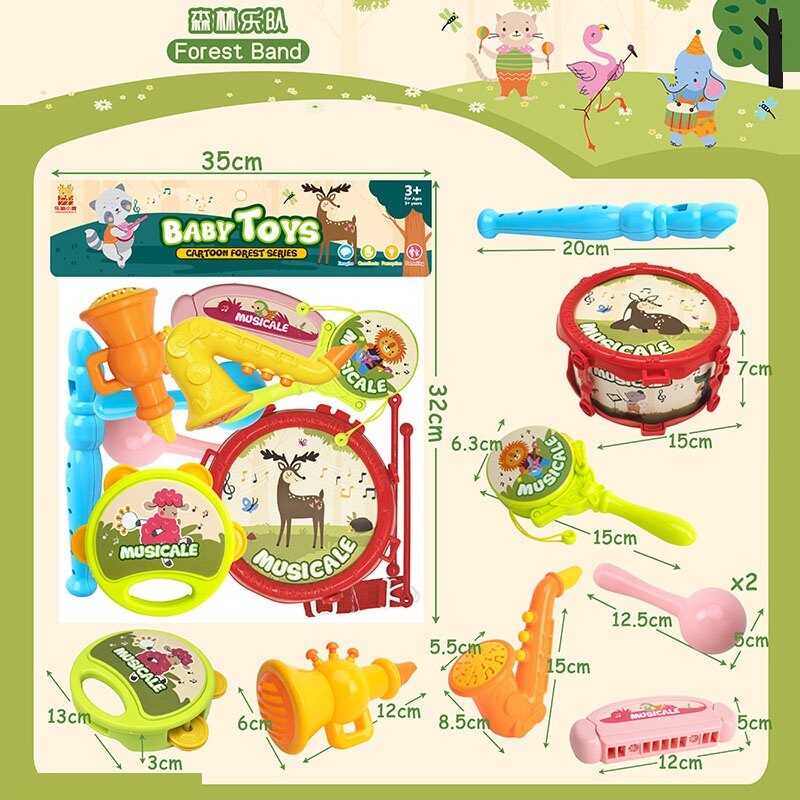Музичні інструменти 667-3 (80/2)  барабан, палички, гармоніка, бубон, саксофон, флейта, труба, гармоніка, маракаси, барабан - колотушка, в пакеті