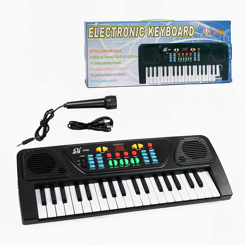 Синтезатор MQ 3768 (36) 37 клавіш, мікрофон, регулювання гучності, мелодії, функція запису, працює від мережі та батарейок, звуки, барабани, в коробці