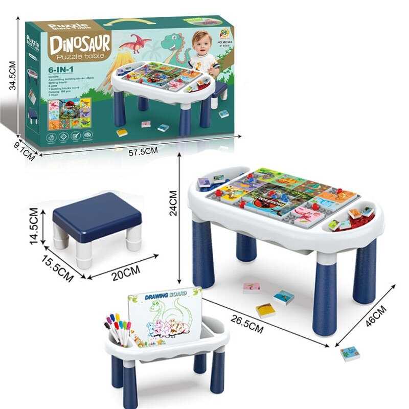 Ігровий столик MC 348 (18) розмір 4626.524 см, мозаїка, пазли з динозаврами, дошка для малювання, фломастери, місце для їх зберігання, в коробці