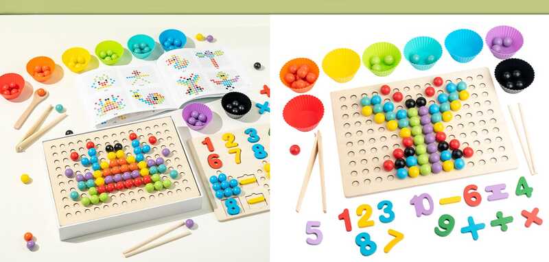 Математична дошка C 75570 (20) дерев’яна, кульки, цифри та математичні знаки, формочки для сортування, палички, щипці, картки, в коробці