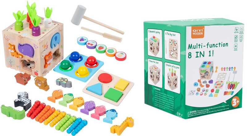 Куб логічний C 75608 (32) дерев’яний, годинник, вкладиші, кольорові кульки, гра з морквинами, магнітна риболовля, сортер, фігурки тварин, в коробці