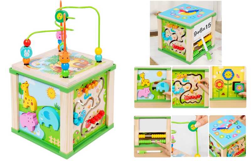 Куб логічний C 75614 (18) дерев’яний, годинник, сортер, фігурки тварин, пальчиковий лабіринт, рахівничка, дошка “пиши-стирай”, маркер, в коробці