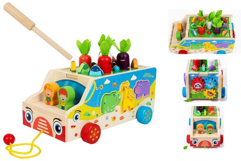 Каталка C 75627 (24) дерев’яна, сортер із фігурками, магнітна риболовля, морквини, в коробці