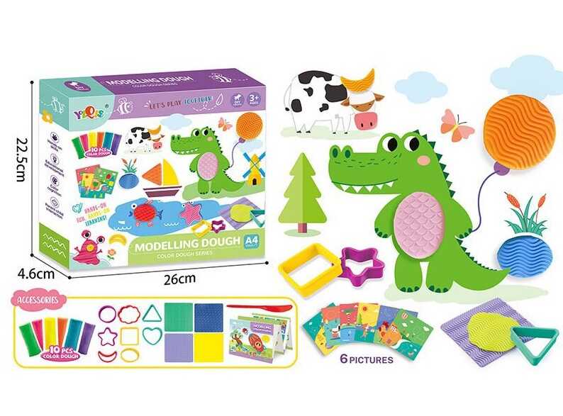 Тісто для ліплення K 508 (48) 6 карток 22х17 см, формочки, кольорове тісто: 10 штук, ножичок, в коробці