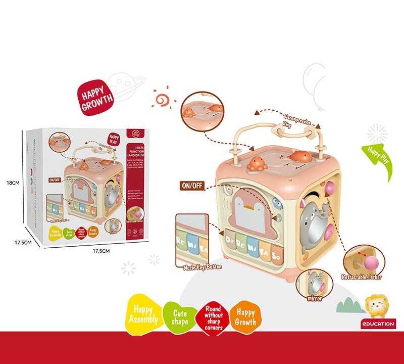 Куб логічний 368-54 R (24) підсвічування, звуки, люстерко, годинник, сортер, пальчиковий лабіринт, тріскачка, піаніно, режими гри, в коробці