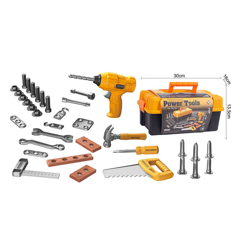 Набір інструментів T 034 (12) дриль механічна, пила, молоток, викрутка, лінійка, болти, гайки, кріплення, в боксі