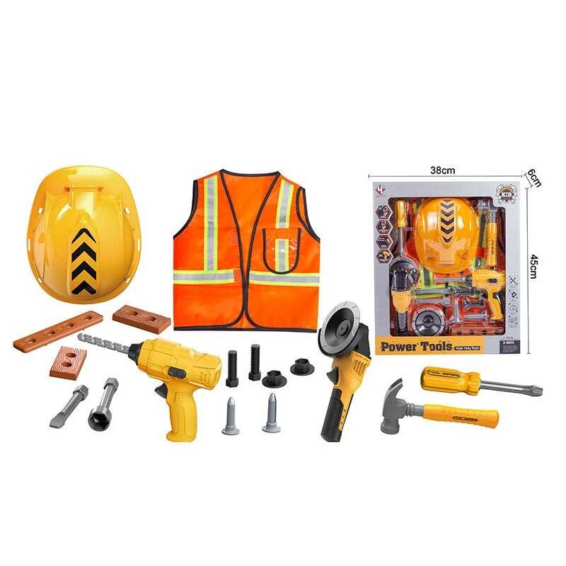 Набір інструментів T 037 B (12) каска, механічний дриль та шліфувальна машина, викрутка, молоток, жилет, інструменти, в коробці