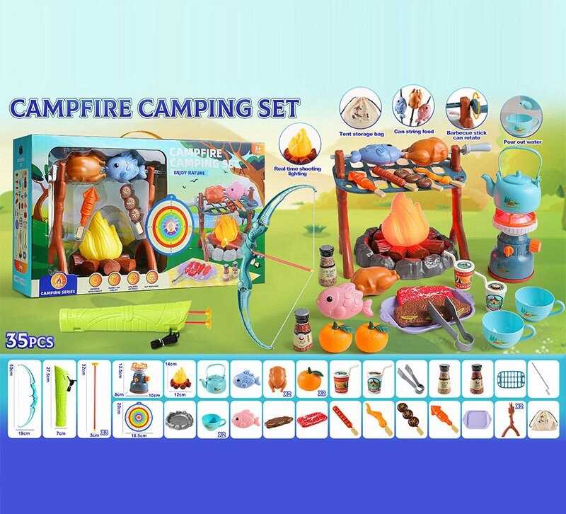 Набір для пікніку 877 A-32 (18) 35 елементів, газовий балон та вогнище зі світлом та звуком, лук, стріли, колчан, мішень, посуд, продукти, в коробці