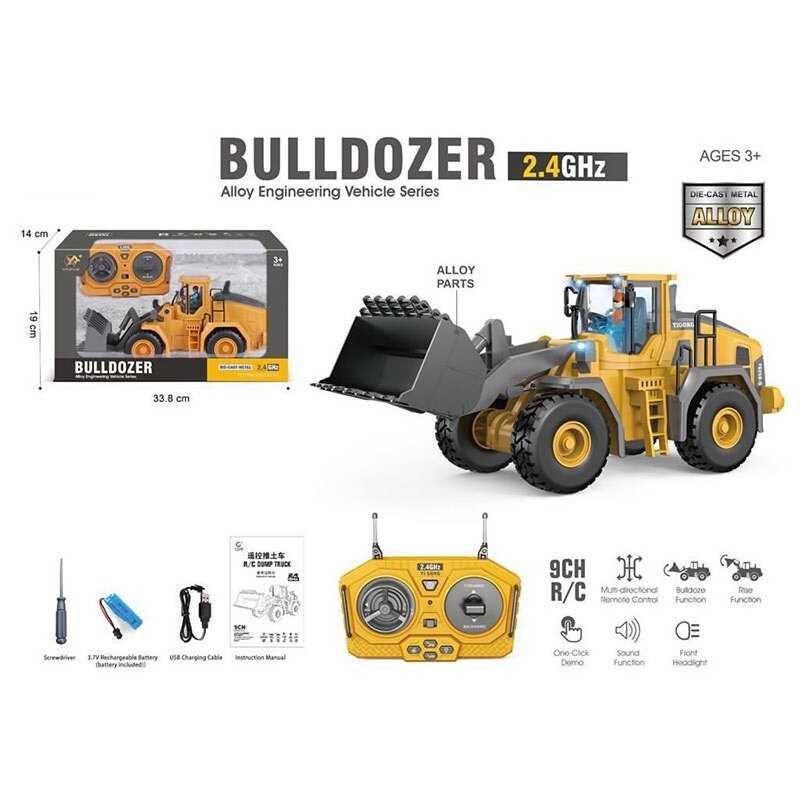 Спецтехніка на радіокеруванні BC 1055 (24/2) "Бульдозер", металопластик, звук, підіймання ковша, світло фар, акум. 3.7 V, пульт 2.4 GHz, в коробці