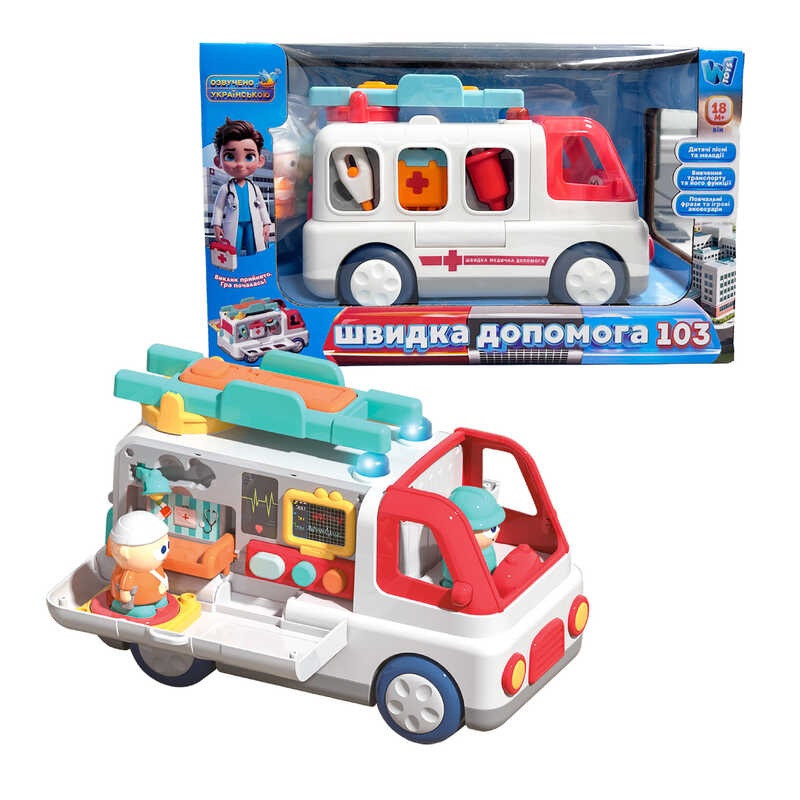 Музична машинка 46349 (24) "WToys", ОЗВУЧУВАННЯ УКРАЇНСЬКОЮ МОВОЮ, "Швидка допомога", пісні, цікаві факти, віршики, сирена, 2 фігурки, в коробці