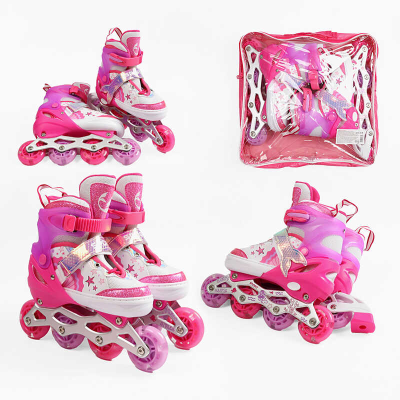 Ролики 3409-77 S розмір 29-33 (6) колір РОЖЕВИЙ, устілка 18-20 см, колеса PU, d коліс – 6 см, підсвічування коліс, в сумці