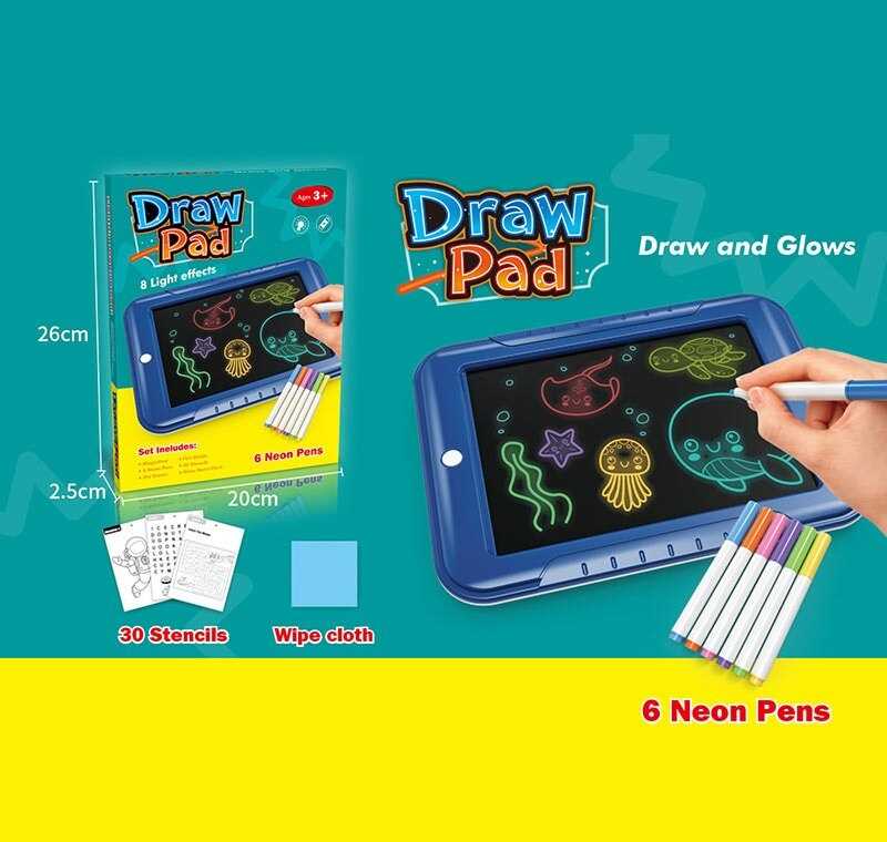 Дошка для малювання 1688 Y (120/2) різнокольорове LED - підсвічування, 6 неонових маркерів, прозора основа, фон, серветка, в коробці