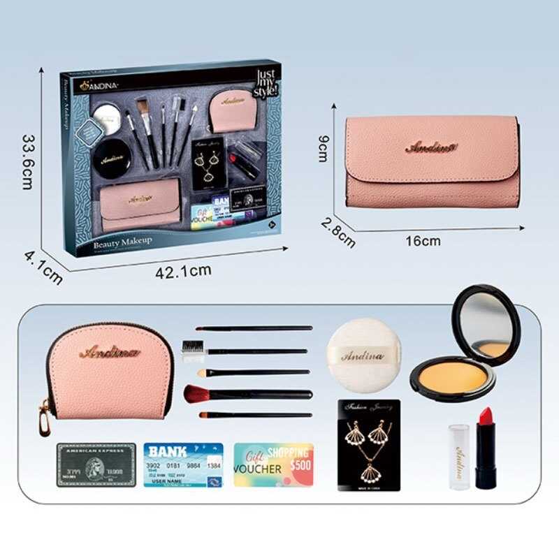 Набір аксесуарів 636-4 (48) гаманець, набір пензлів для макіяжу, аксесуари, імітація косметики, банківські картки для гри, в коробці