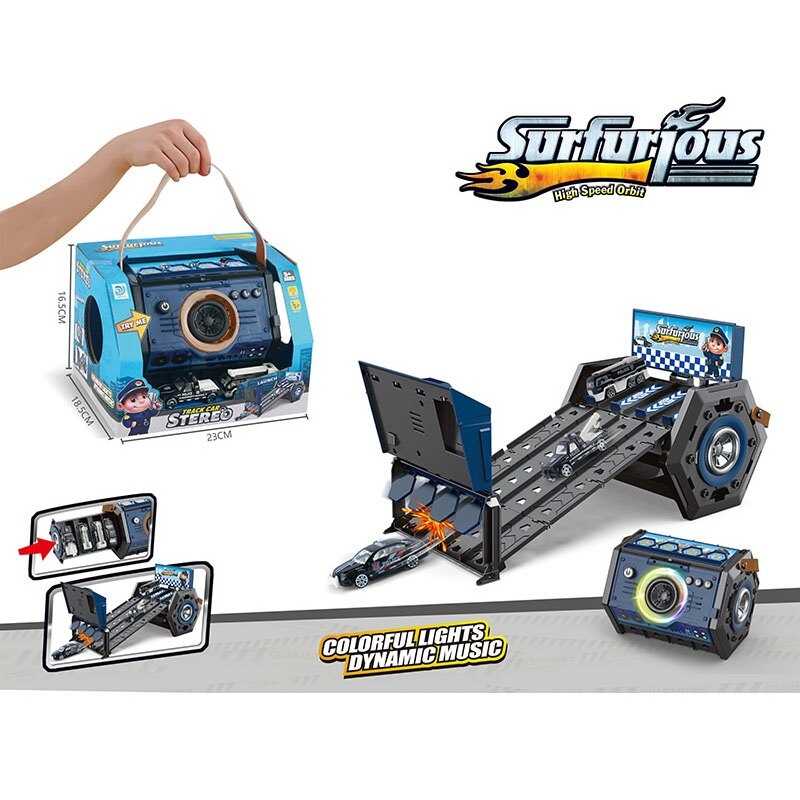 Трек 8899-7 (36/2) довжина: 33 см, підсвічування, звуки, музика, механічний запускач, 2 металопластикові моделі: 7.5 см, фініш, в коробці