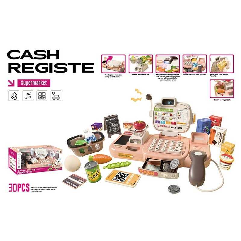 Касовий апарат 889-310 (18) 30 елементів, озвуч. англійською, сканер, автомат. калькулятор, мікрофон, стрічка рухається, мелодії, в коробці