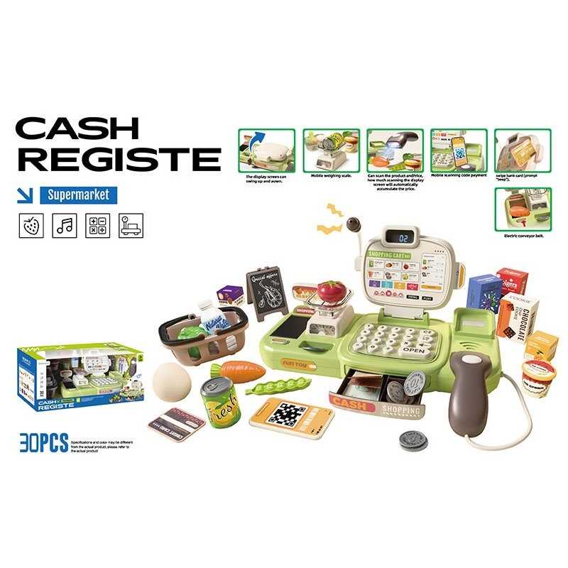 Касовий апарат 889-311 (18) 30 елементів, озвуч. англійською, сканер, автомат. калькулятор, мікрофон, стрічка рухається, мелодії, в коробці