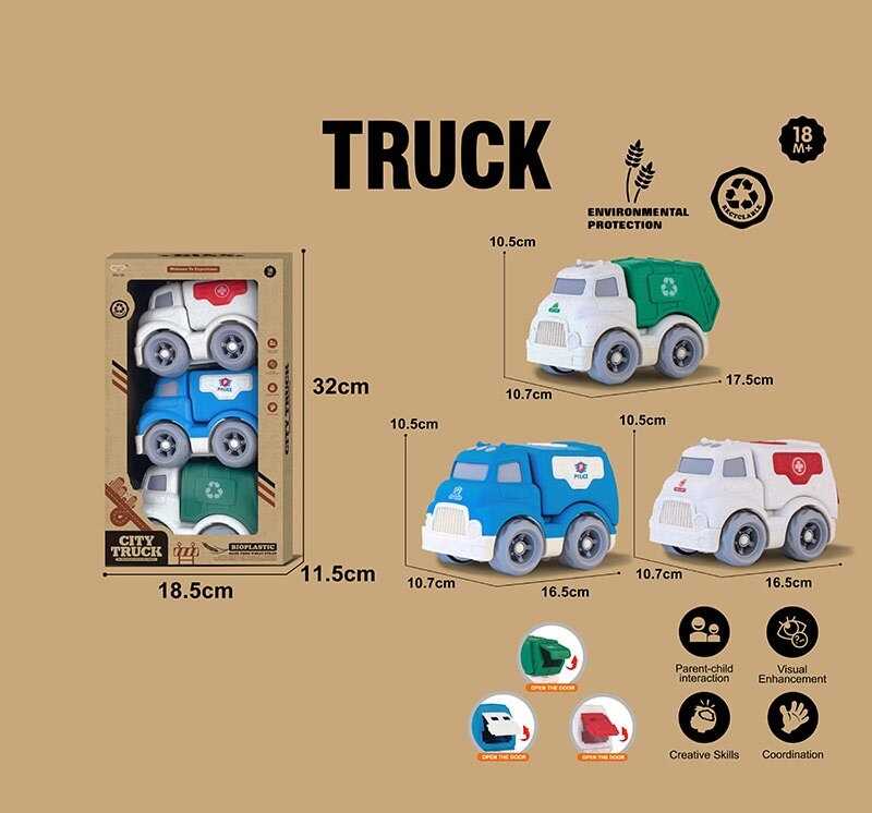 Набір машин 904-3 (36/2) 3 спецтехніки, середня довжина 17 см, рухомі елементи, біопластик, в коробці