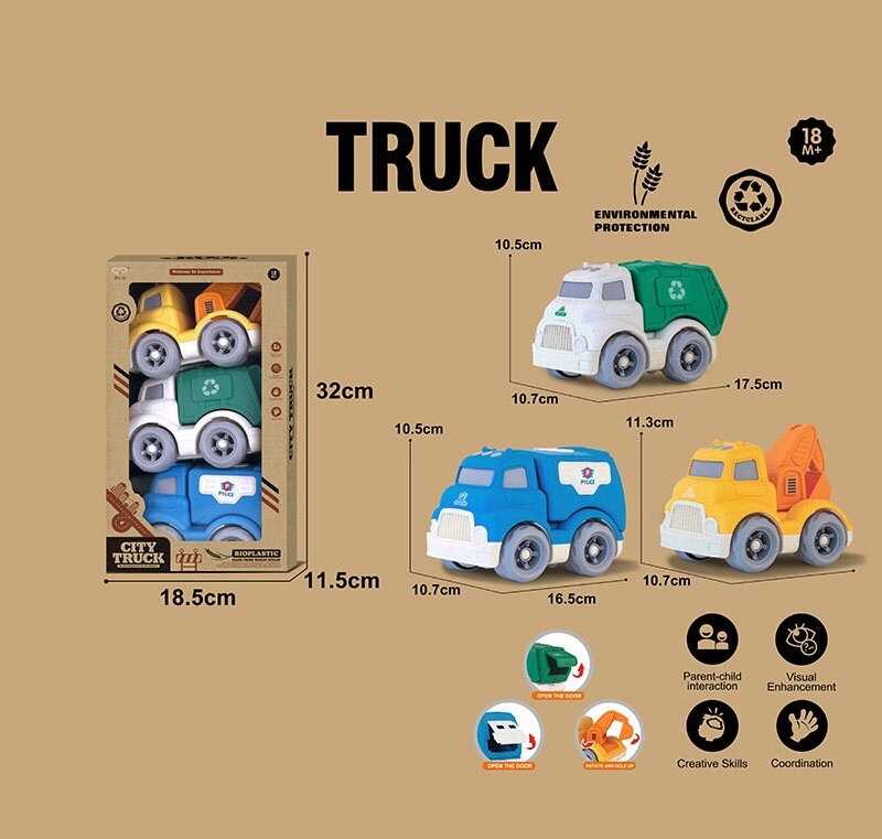 Набір машин 904-4 (36/2) 3 спецтехніки, середня довжина 17 см, рухомі елементи, біопластик, в коробці