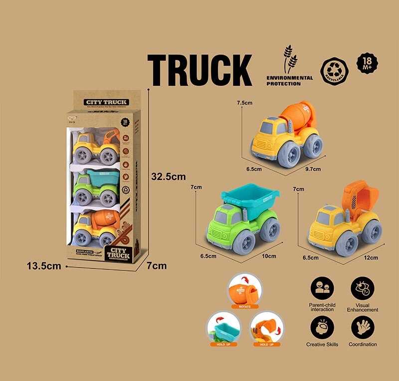 Набір машин 913-1 (96/2) 3 спецтехніки, середня довжина 11 см, рухомі елементи, біопластик, в коробці