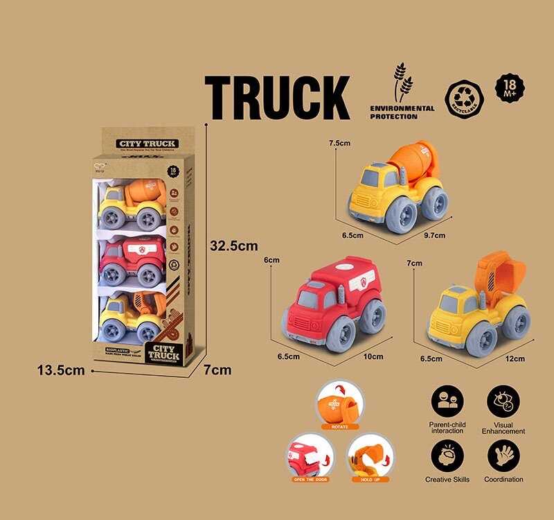 Набір машин 913-2 (96/2) 3 спецтехніки, середня довжина 11 см, рухомі елементи, біопластик, в коробці