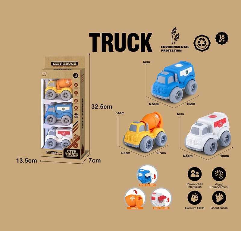 Набір машин 913-7 (96/2) 3 спецтехніки, середня довжина 10 см, рухомі елементи, біопластик, в коробці